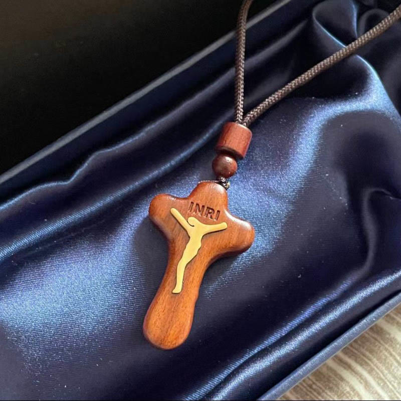 Christiandiscipleshop Rosewood Inlaid Boxwood Cross Pendant Necklace