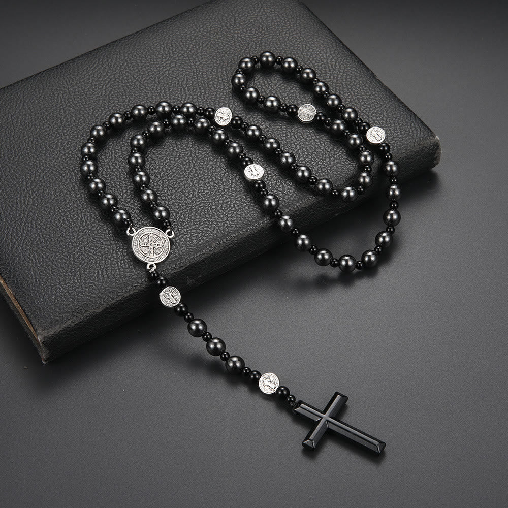 Christiandiscipleshop St. Benedict Medal & Cross of 8 mm Round Black Multi-material Nylon Cord Rosary