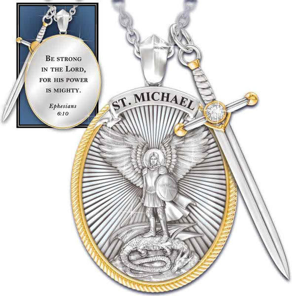 christiandiscipleshop Two Tone Sword & Oval Shield St. Michael Pendant Necklace