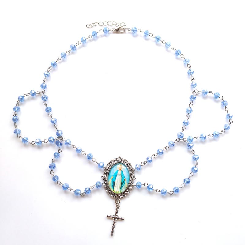 christiandiscipleshop Miraculous Mary Image Glass Pendant Blue Crystal Clavicle Chain