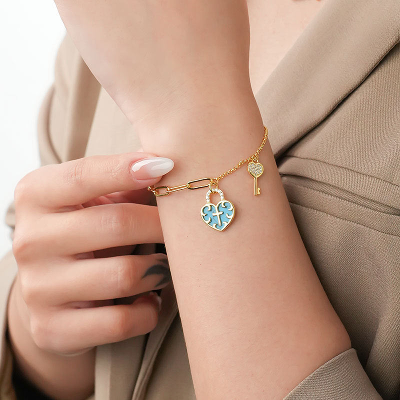 christiandiscipleshop Turquoise Cross Heart-Lock Bracelet with Zirconia Key