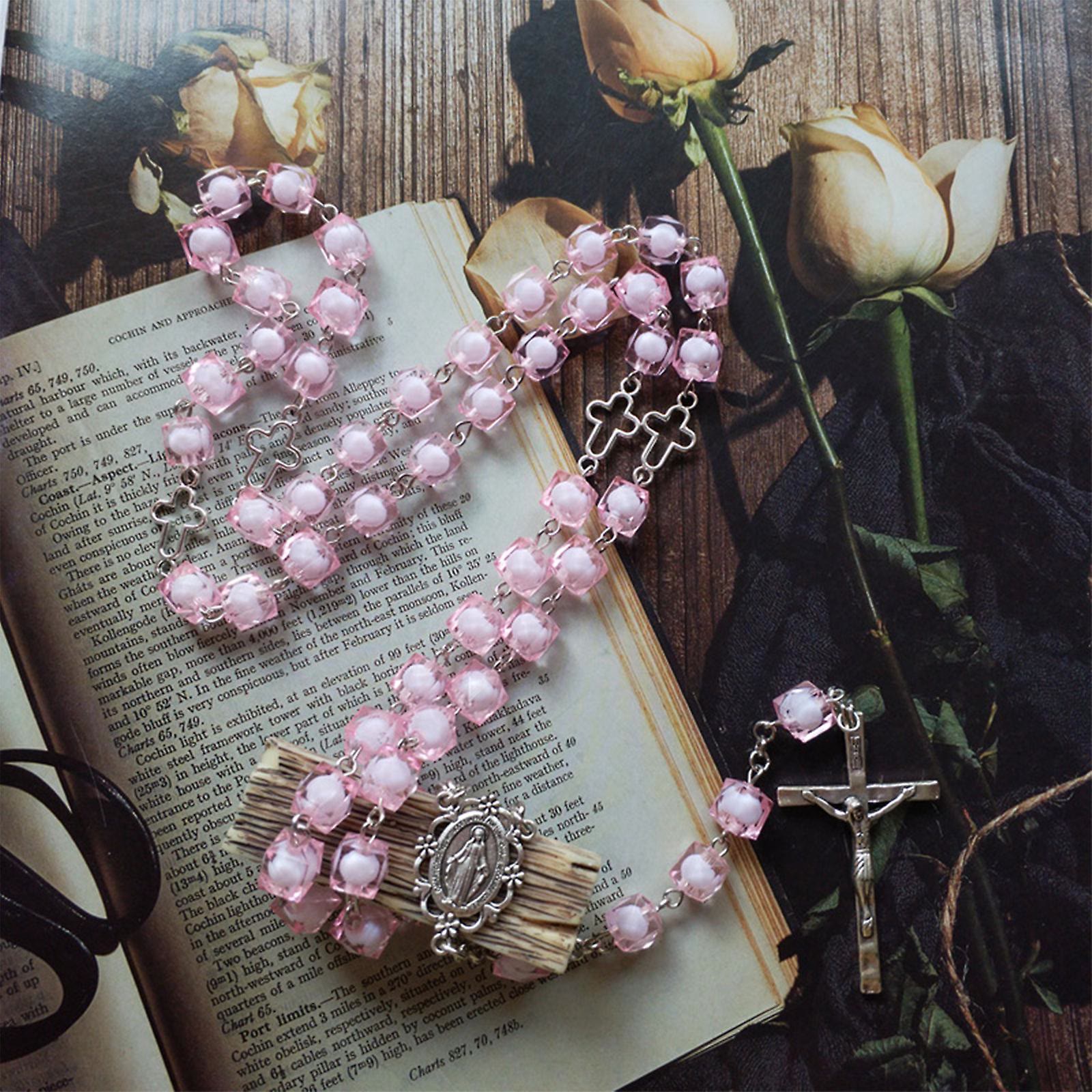 christiandiscipleshop Miraculous Medal & Crucifix of 8 mm Square Pink Acrylic Alloy Chain Rosary
