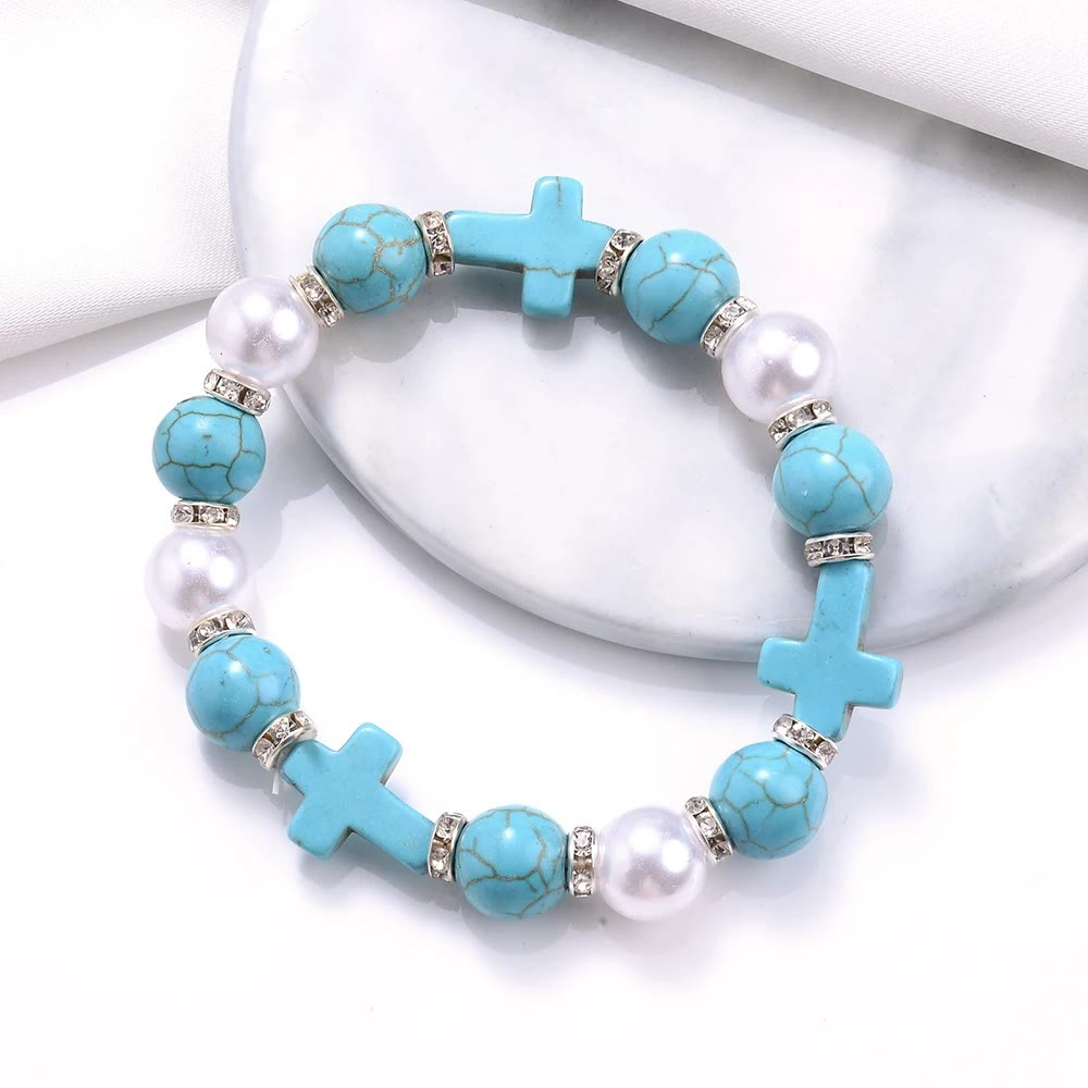 Christiandiscipleshop Pearl & Turquoise Cross Healing Energy Bracelet