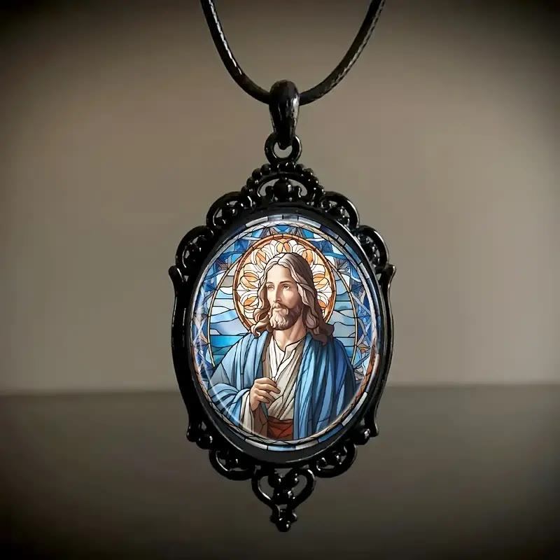 Christiandiscipleshop Retro Lace Oval Jesus Glass Pendant Necklace