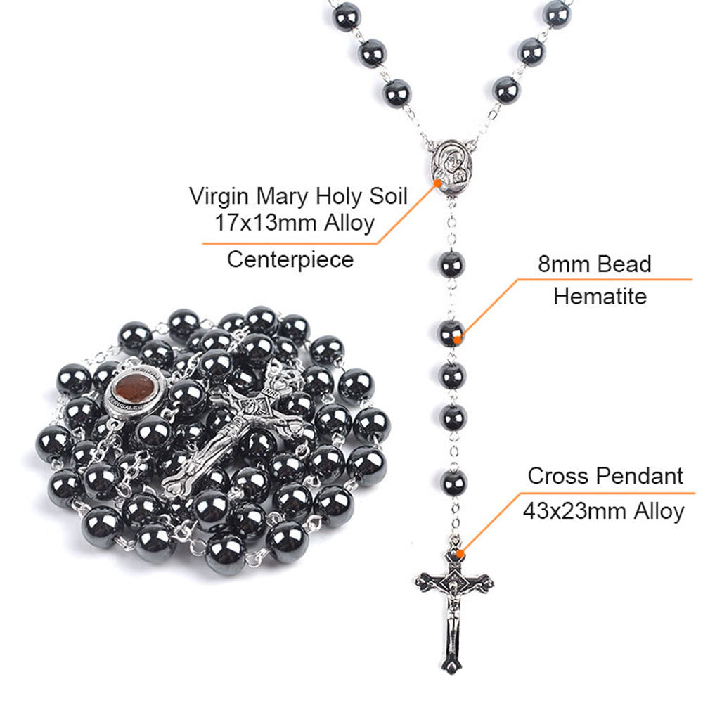 christiandiscipleshop Madonna and Child & Crucifix of 8 mm Round Black Hematite Alloy Chain Rosary