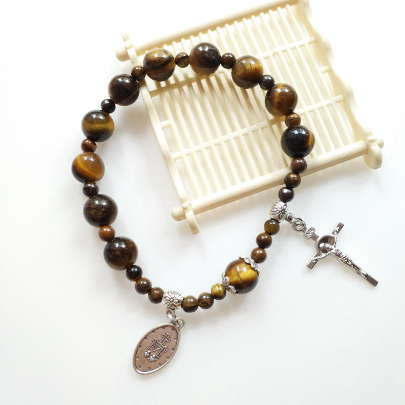 christiandiscipleshop Jesus Cross & Miraculous Medal Tiger Eye Beaded Rosary Bracelet
