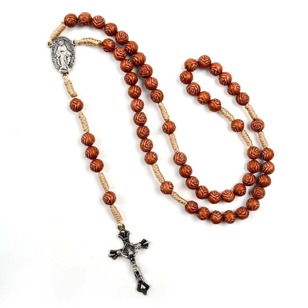 christiandiscipleshop Handmade Rose-Shaped Wooden Bead Rosary: Miraculous Medal & Crucifix