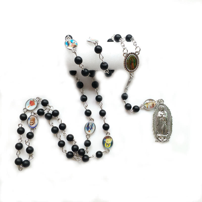 Christiandiscipleshop Our Lady of Guadalupe of 6 mm Round Black Agate Alloy Chain Rosary