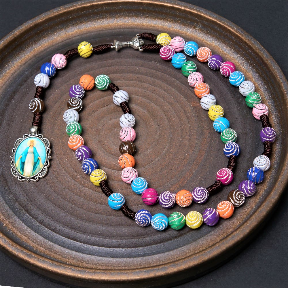 christiandiscipleshop Holy Grail & Miraculous Medal of 8 mm Round Multicolor Acrylic Nylon Cord Rosary