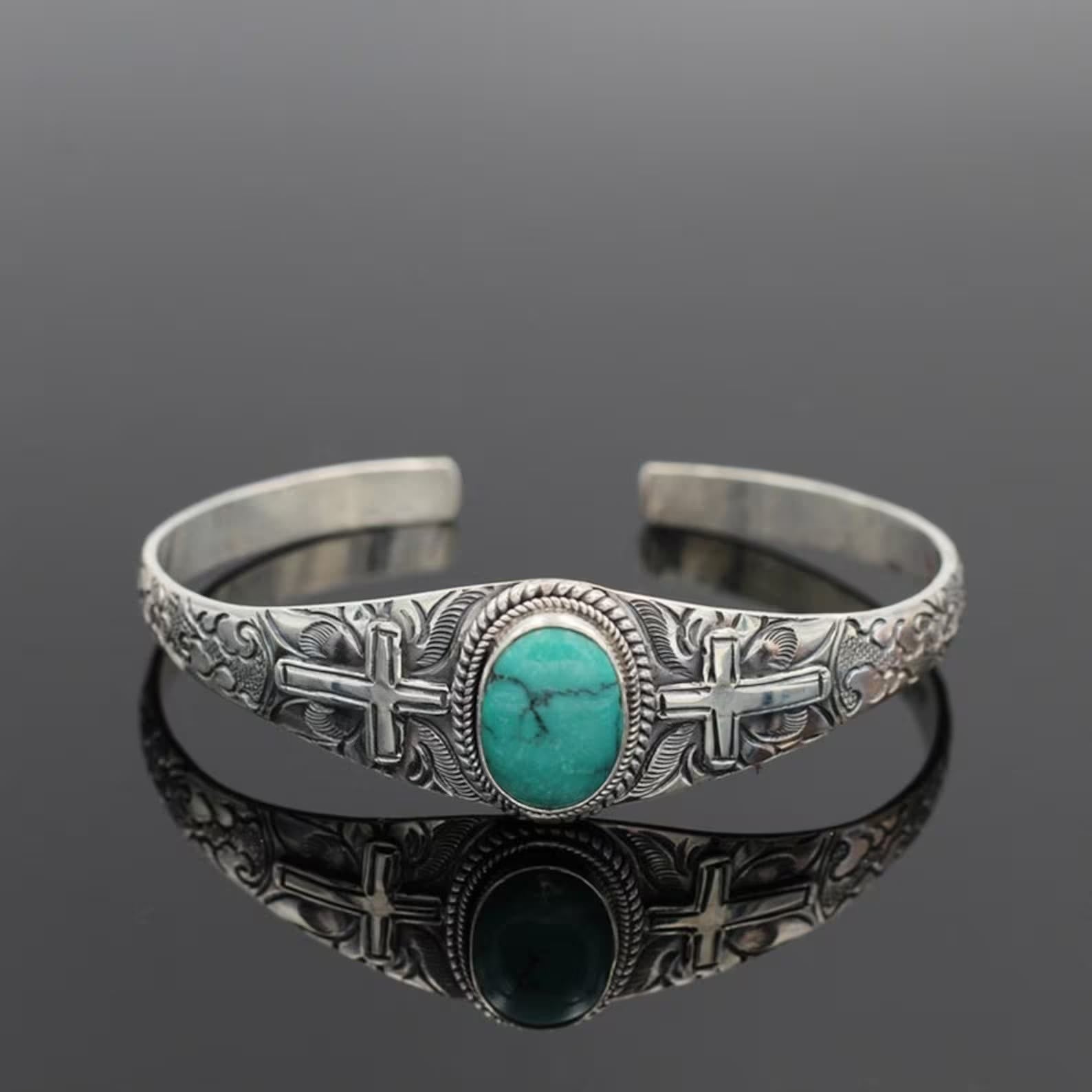 christiandiscipleshop Handmade Healing Nature Turquoise Retro Carving Cross Bracelet
