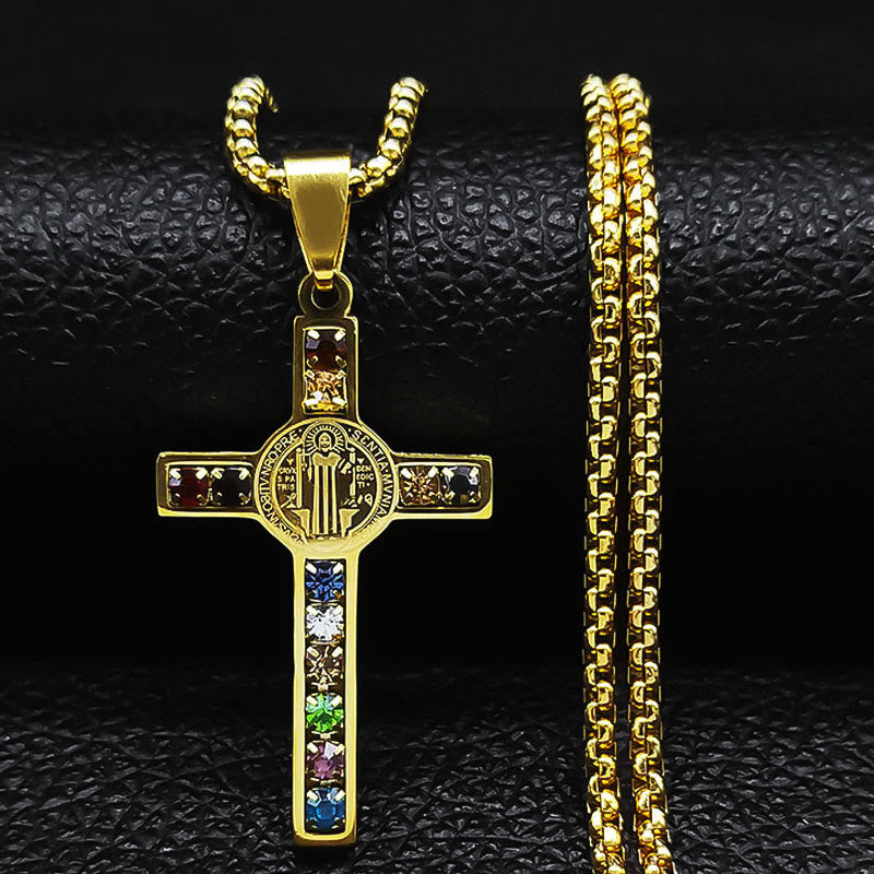 Christiandiscipleshop Saint Benedict Cross Mix Bible 12 Crystal Necklace