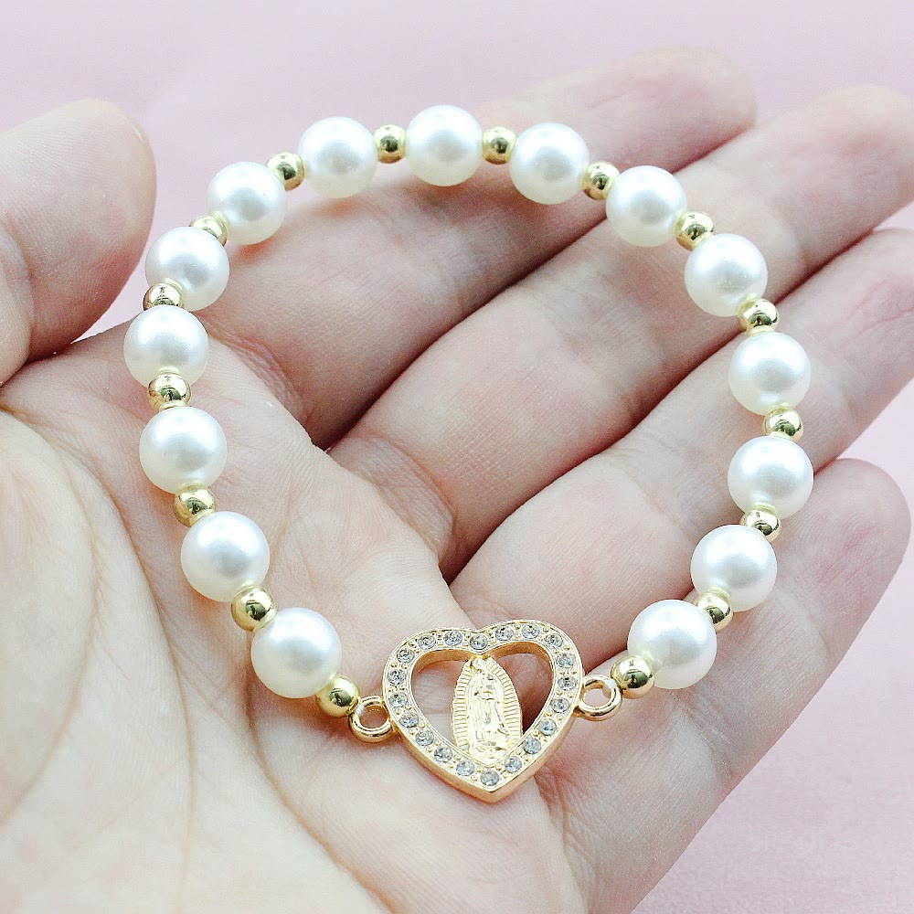 Christiandiscipleshop Rhinestones Heart-shaped Virgin Mary Pearl Bracelet