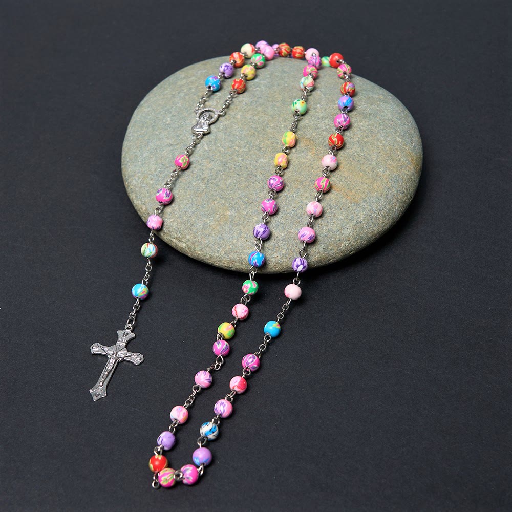 Christiandiscipleshop Our Lady of Guadalupe & Crucifix of 6 mm Round Multicolor Polymer Clay Alloy Chain Rosary