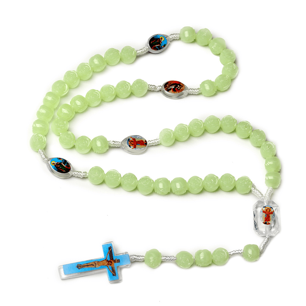 Christiandiscipleshop Crucifix of 10 mm Rose Luminous Green Resin Nylon Cord Rosary