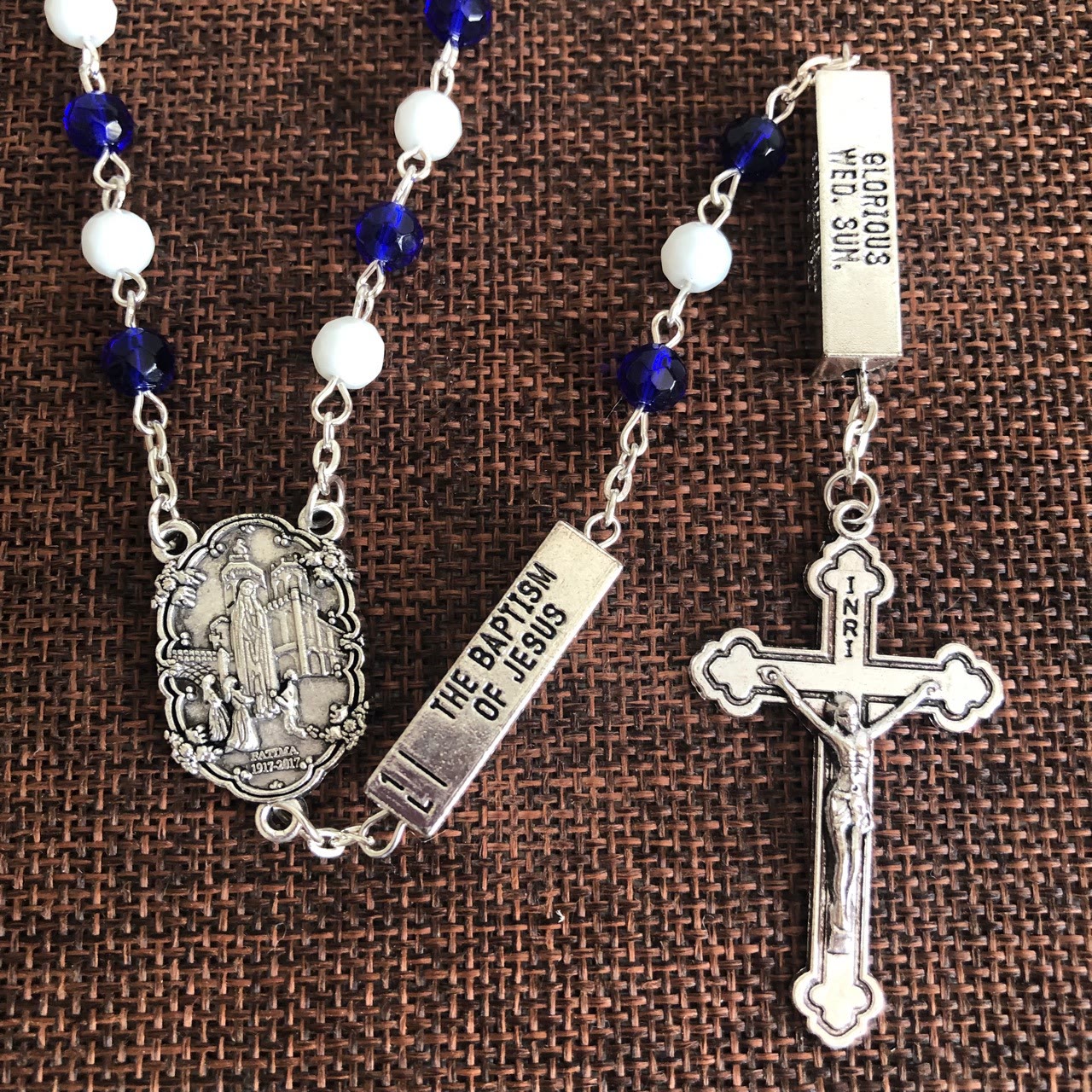 Blue & White Glass Beads Crucifix Jesus Rosary