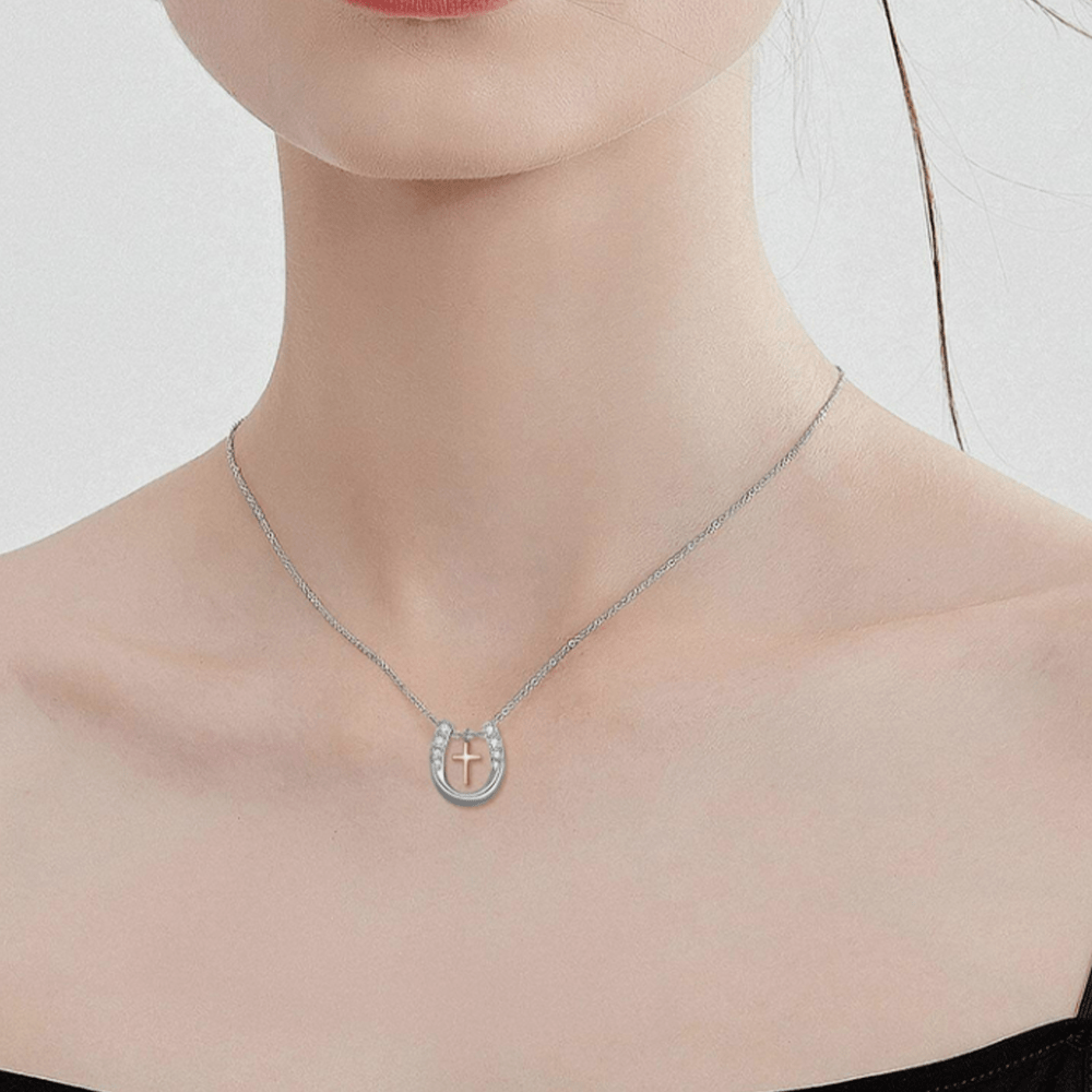 christiandiscipleshop Minimalist Style Hollow Horseshoe Cross Pendant Necklace