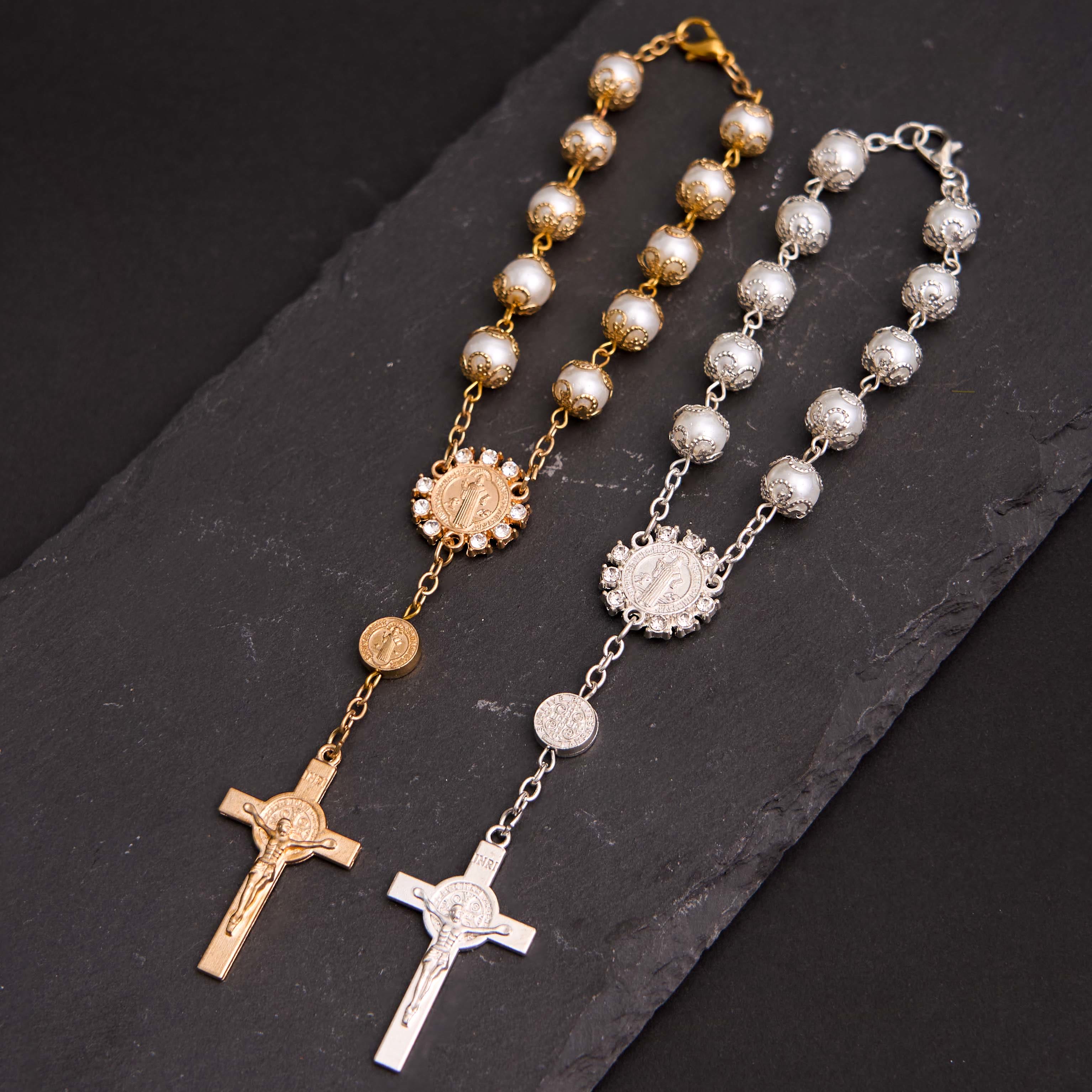 Christian Glass Beads St. Benedict & Jesus Cross Bracelet Rosary