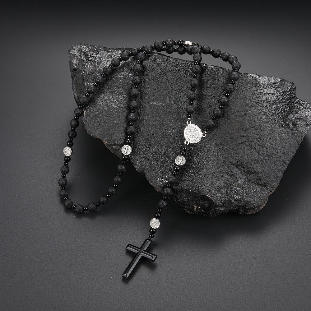 Christiandiscipleshop St. Benedict Medal & Cross of 8 mm Round Black Multi-material Nylon Cord Rosary