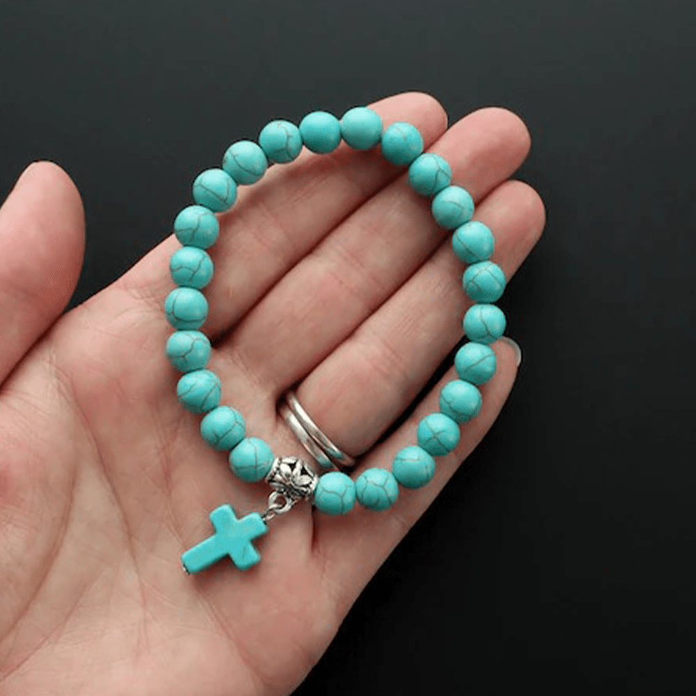 christiandiscipleshop Matte Frosted Turquoise Beads Crucifix Bracelet