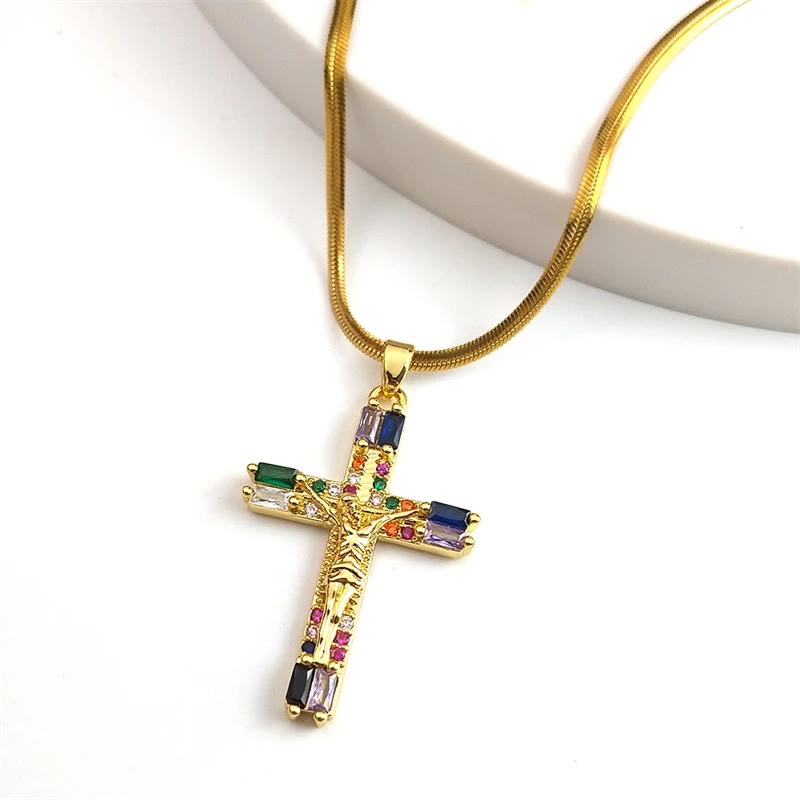 Christiandiscipleshop Retro Bohemian Style Colored Zirconia Cross Titanium Steel Necklace