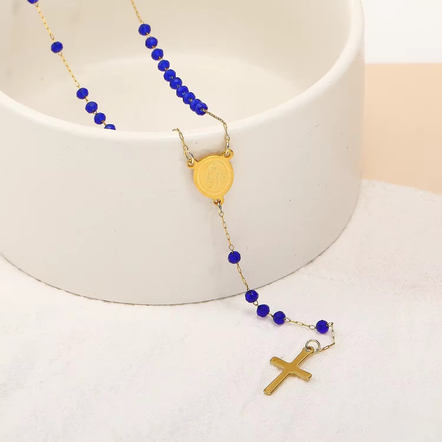 christiandiscipleshop Virgin Mary Medal & Cross Pendant Glass Beads Necklace