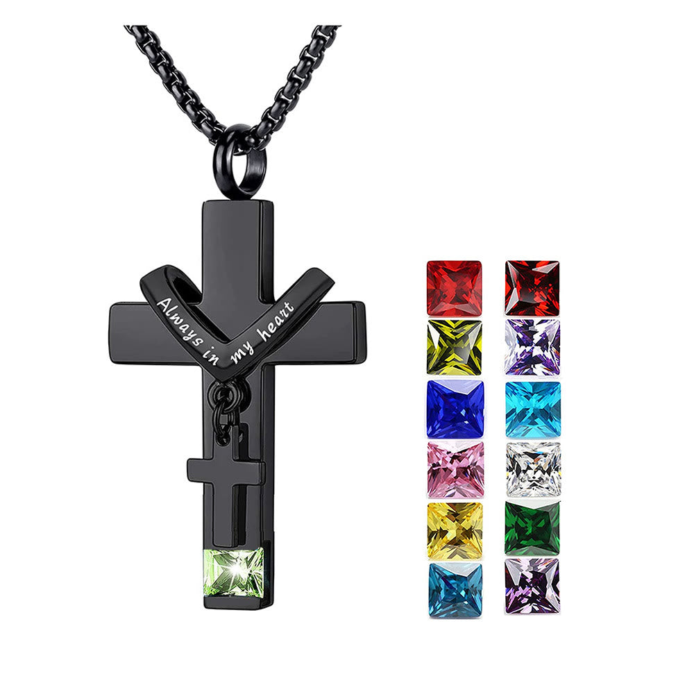 Christianartworkshop 12 Months Birthstone Double Cross Ashes Urn Pendant Necklace