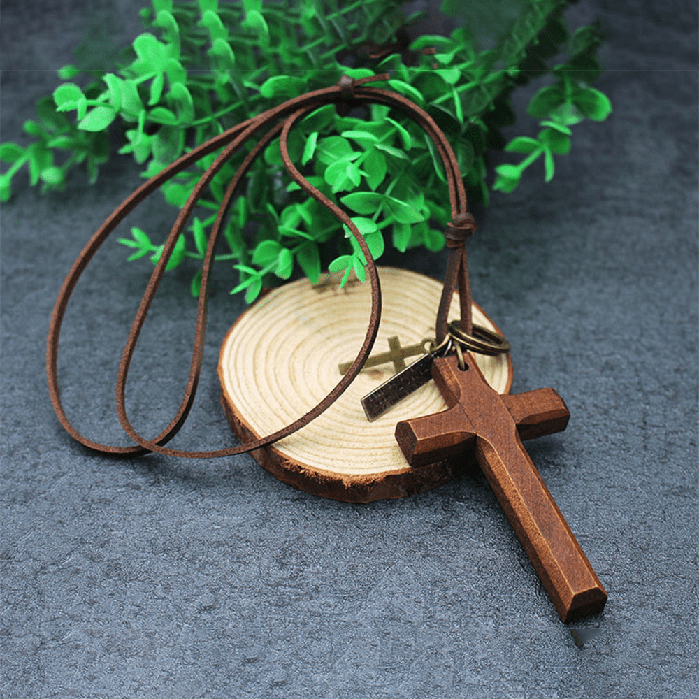 christiandiscipleshop Vintage Wood Cross Adjustable Leather Necklace