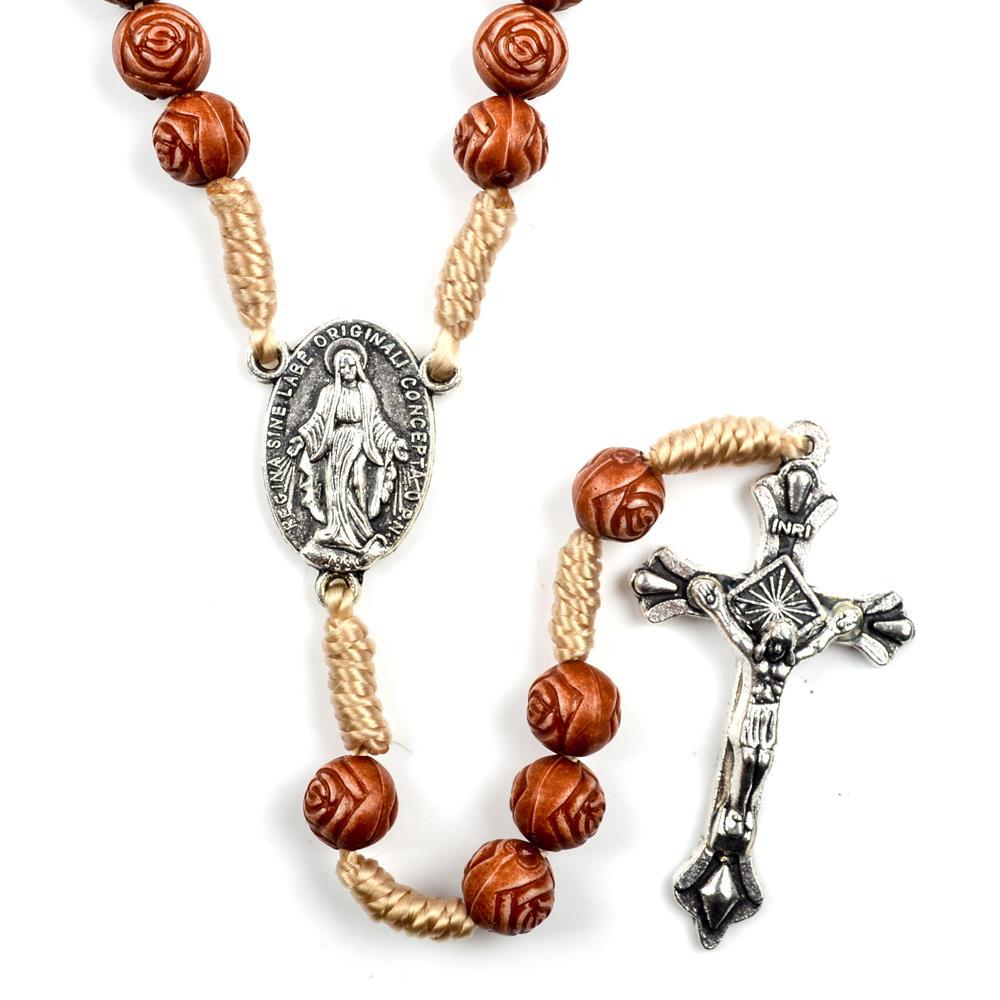 christiandiscipleshop Handmade Rose-Shaped Wooden Bead Rosary: Miraculous Medal & Crucifix