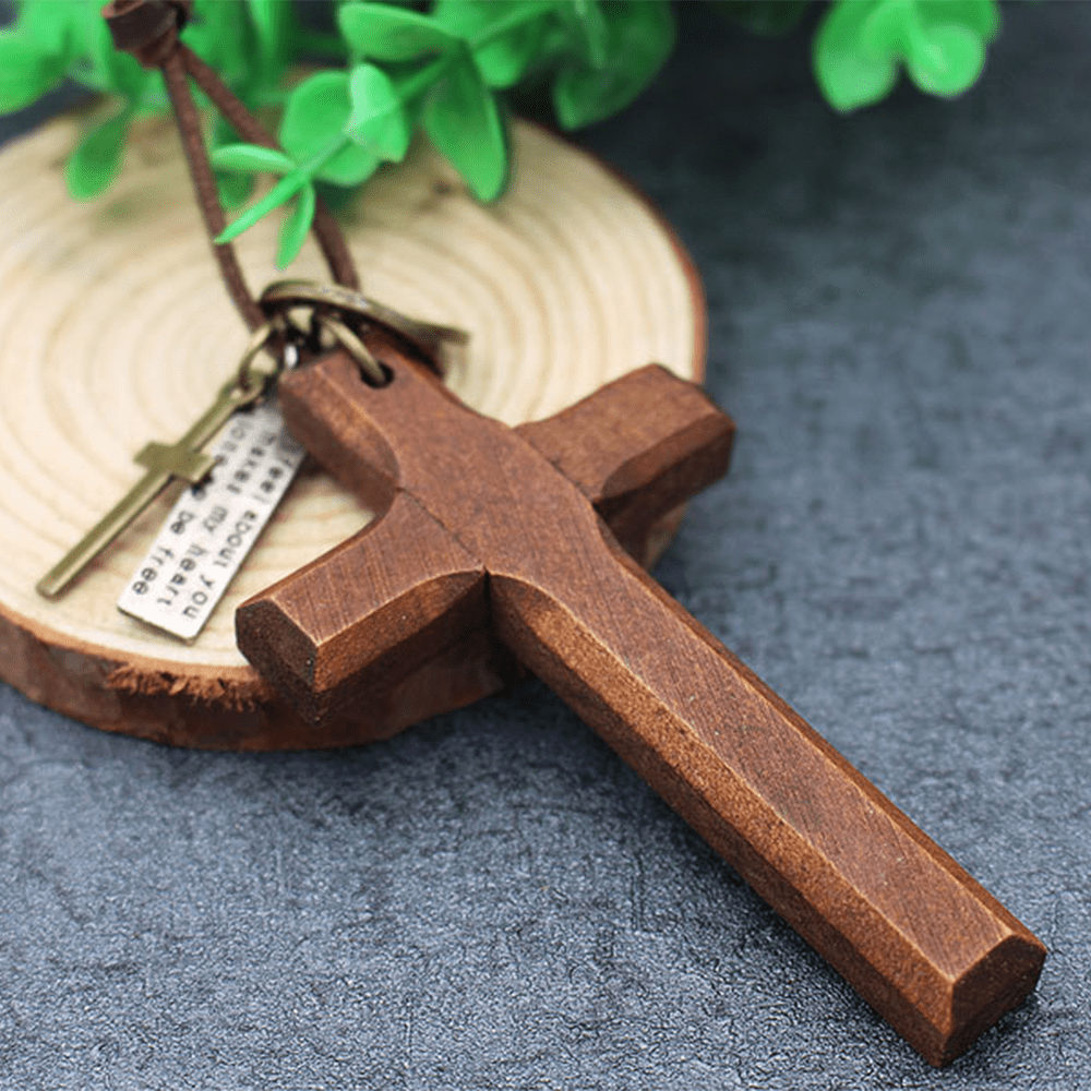 christiandiscipleshop Vintage Wood Cross Adjustable Leather Necklace