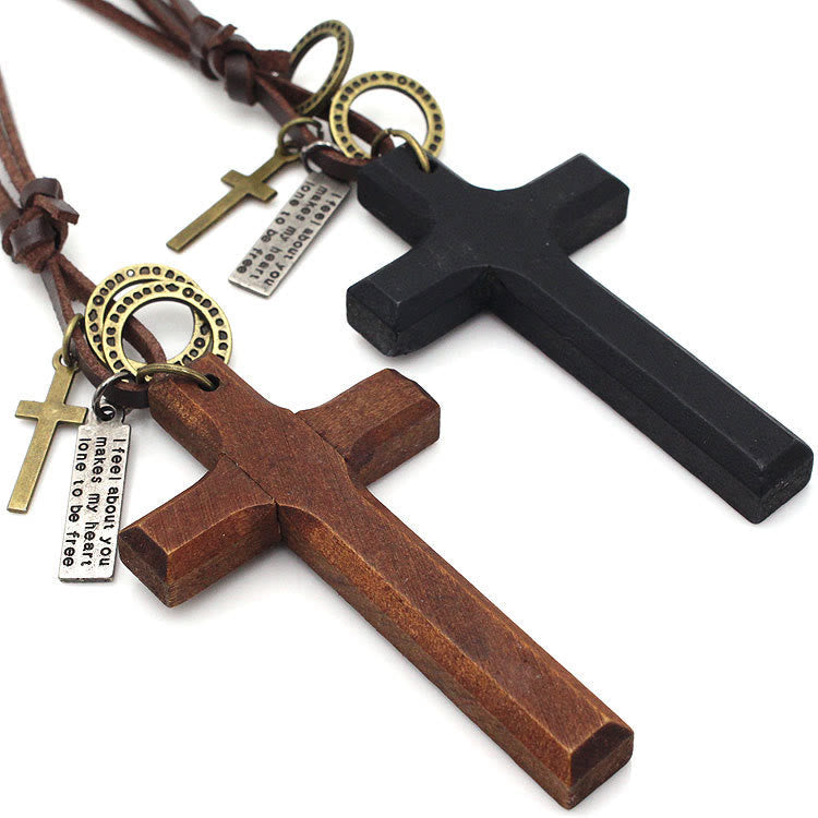 christiandiscipleshop Vintage Wood Cross Adjustable Leather Necklace
