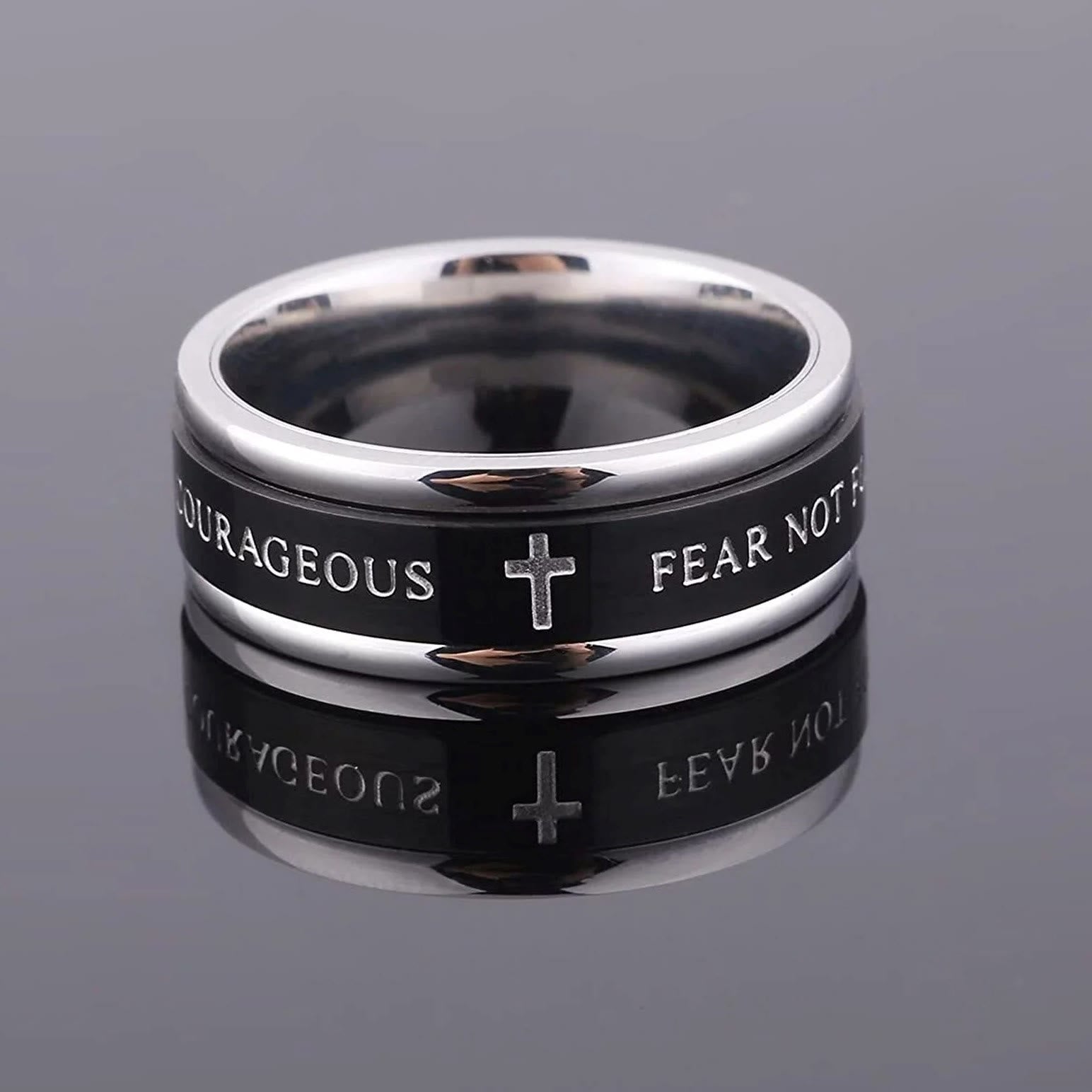christiandiscipleshop Titanium Black/Gold Cross Step Edges Rotating Ring