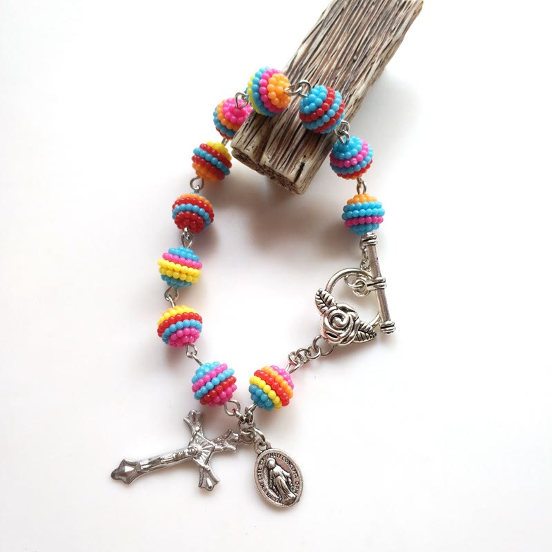 christiandiscipleshop Jesus & Mary Rainbow Beaded Religion Wrist Bracelet
