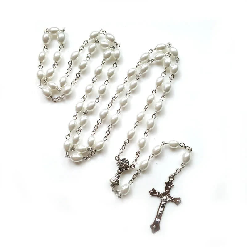 christiandiscipleshop Holy Grail & Crucifix of 6*8 mm Oval White Pearl Alloy Chain Rosary