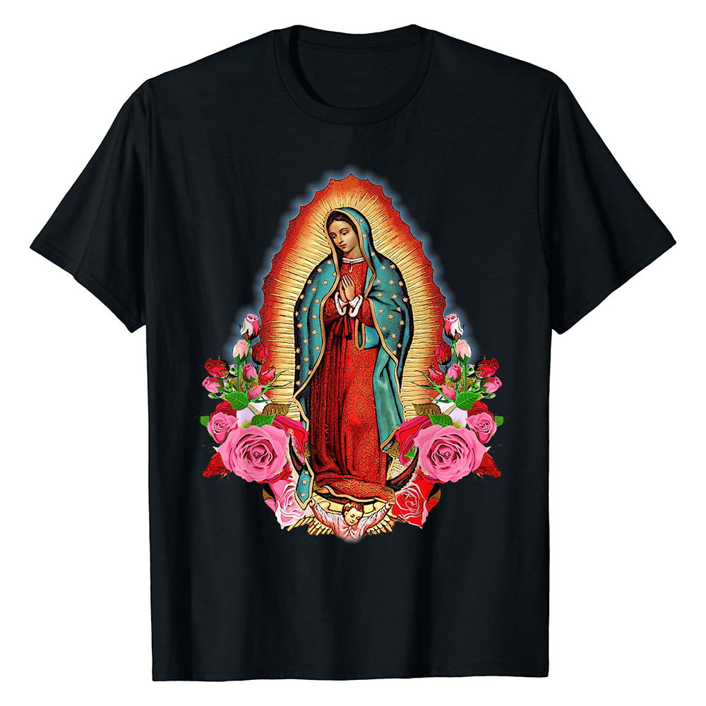 Christianartworkshop Classic Colored Style Our Lady of Guadalupe Short Sleeve Washed T-shirt
