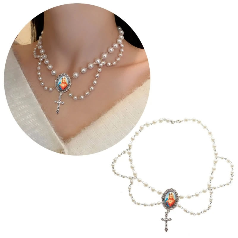 christiandiscipleshop Miraculous Mary Image Glass Pendant Blue Crystal Clavicle Chain