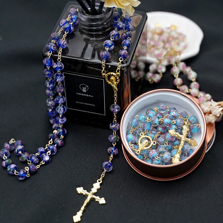 Christiandiscipleshop Flower Rose Glazed Beads Rosary with Mary & Crucifix