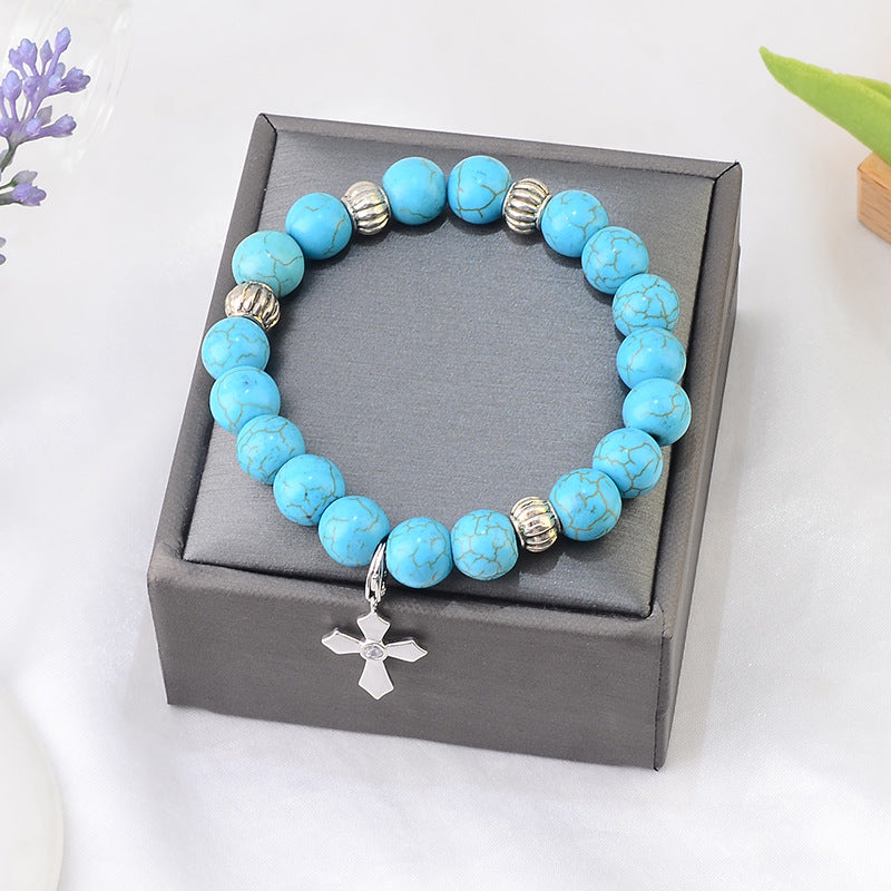 christiandiscipleshop Hand-Crafted Turquoise Beaded Cross Pendant Bracelet
