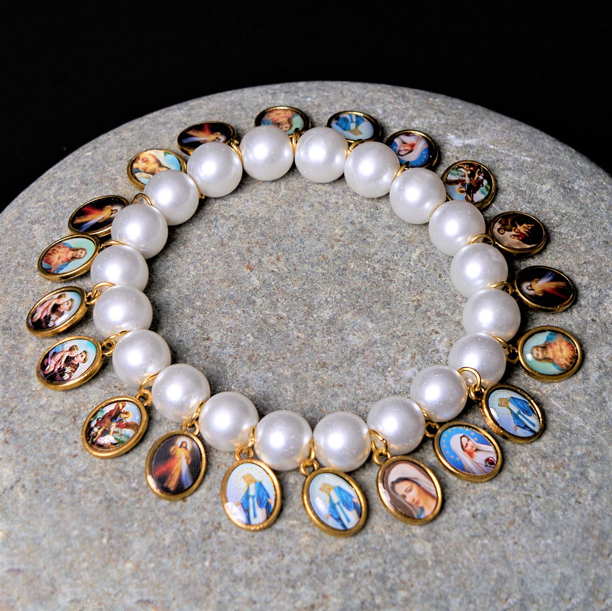 Christiandiscipleshop Retro Style Saint Jesus Mary Medals Cross Pearl Bracelet
