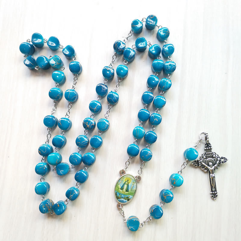 Christiandiscipleshop Our Lady of Guadalupe & Crucifix of 10 mm Polyhedron Peacock Blue Acrylic Alloy Chain Rosary