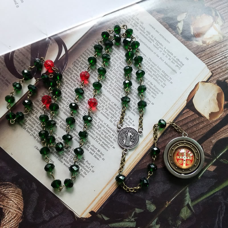Christiandiscipleshop St. Benedict Medal of 6*8 mm Polyhedron Green Crystal Alloy Chain Rosary