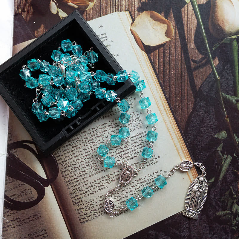 christiandiscipleshop Miraculous Medal & Our Lady of Guadalupe of 8 mm Polyhedron Blue Crystal Alloy Chain Rosary