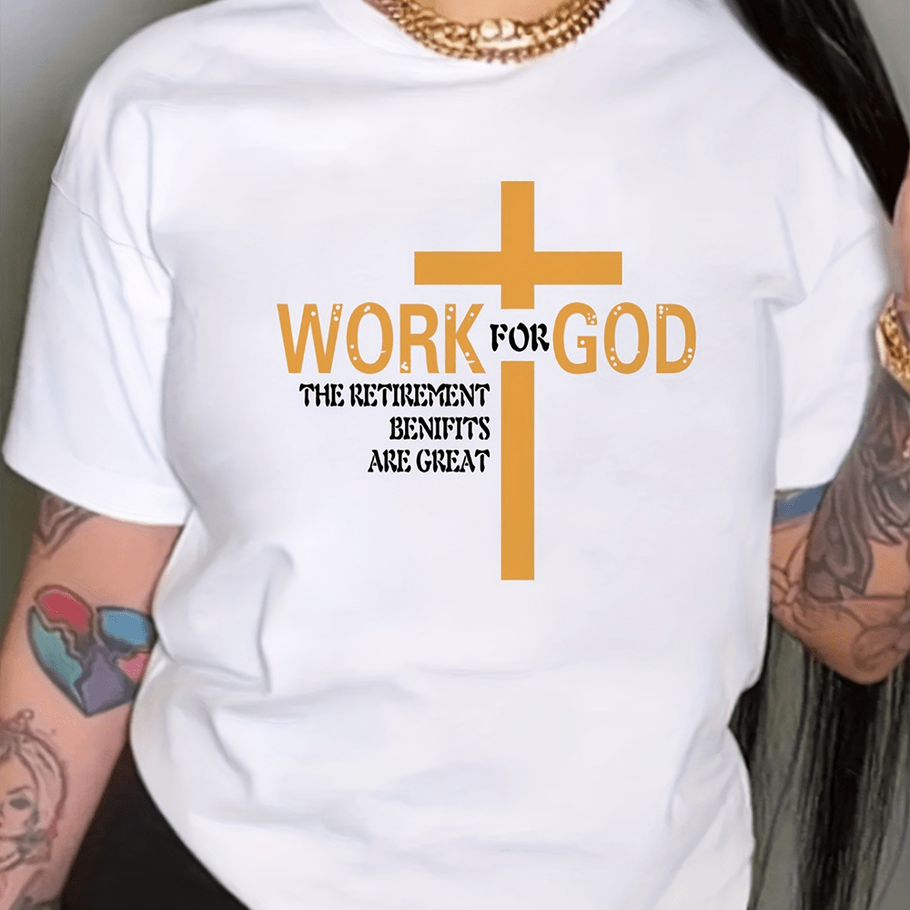 christiandiscipleshop Minimalist Modern Style WORK FOR GOD Cross Short Sleeve Washed T-shirt