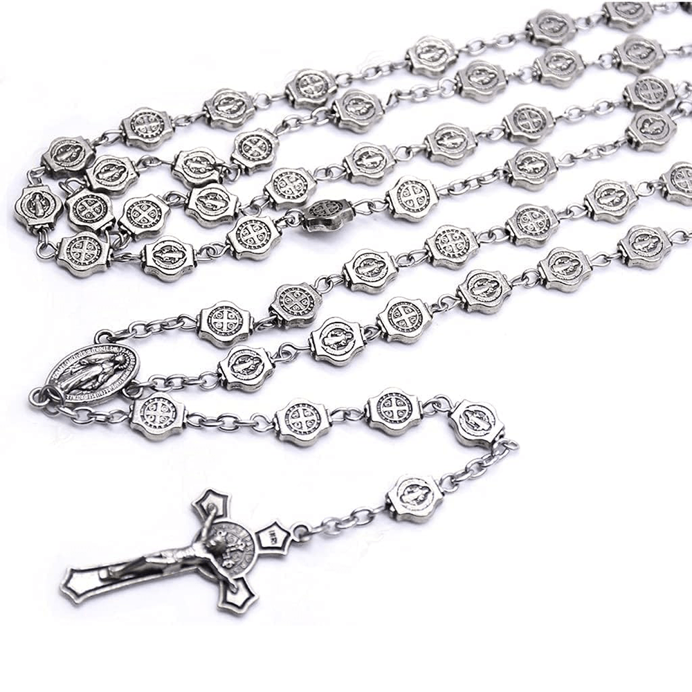 Christiandiscipleshop St. Benedict Medal & Crucifix of 8 mm Polyhedron Silver Metal Alloy Chain Rosary