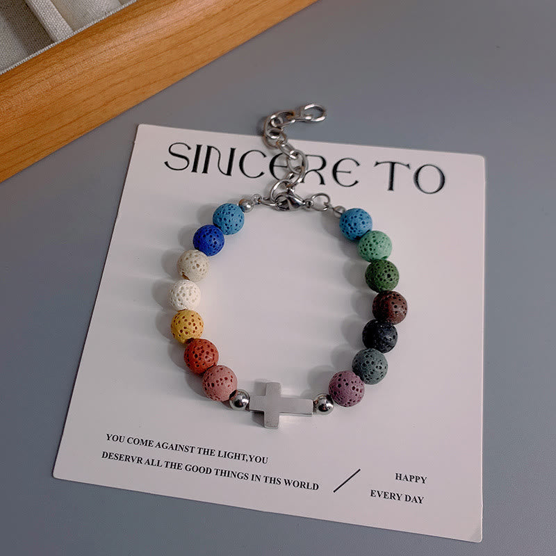 Christianartworkshop Minimalist Style Colored Volcanic Stone Beads Cross Bracelet
