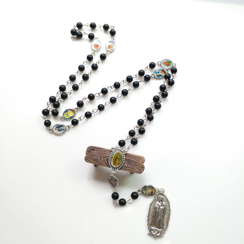 Christiandiscipleshop Our Lady of Guadalupe of 6 mm Round Black Agate Alloy Chain Rosary