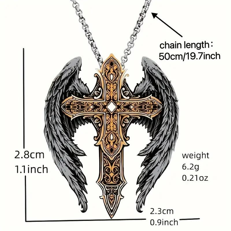 christiandiscipleshop Heavy Style Protection Wings & Crafted Cross Alloy Necklace
