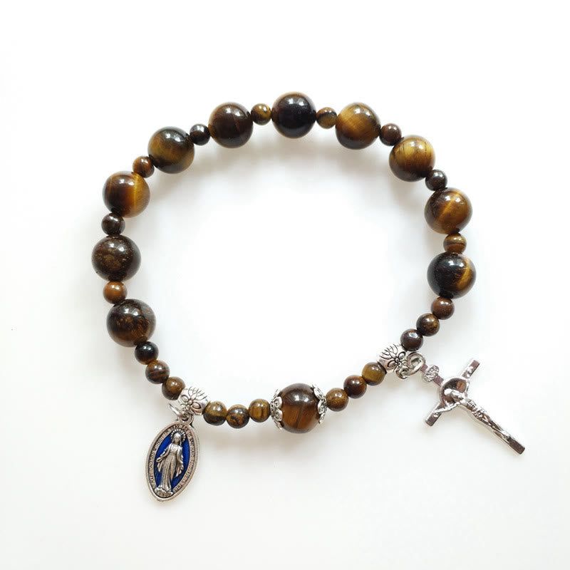 christiandiscipleshop Jesus Cross & Miraculous Medal Tiger Eye Beaded Rosary Bracelet