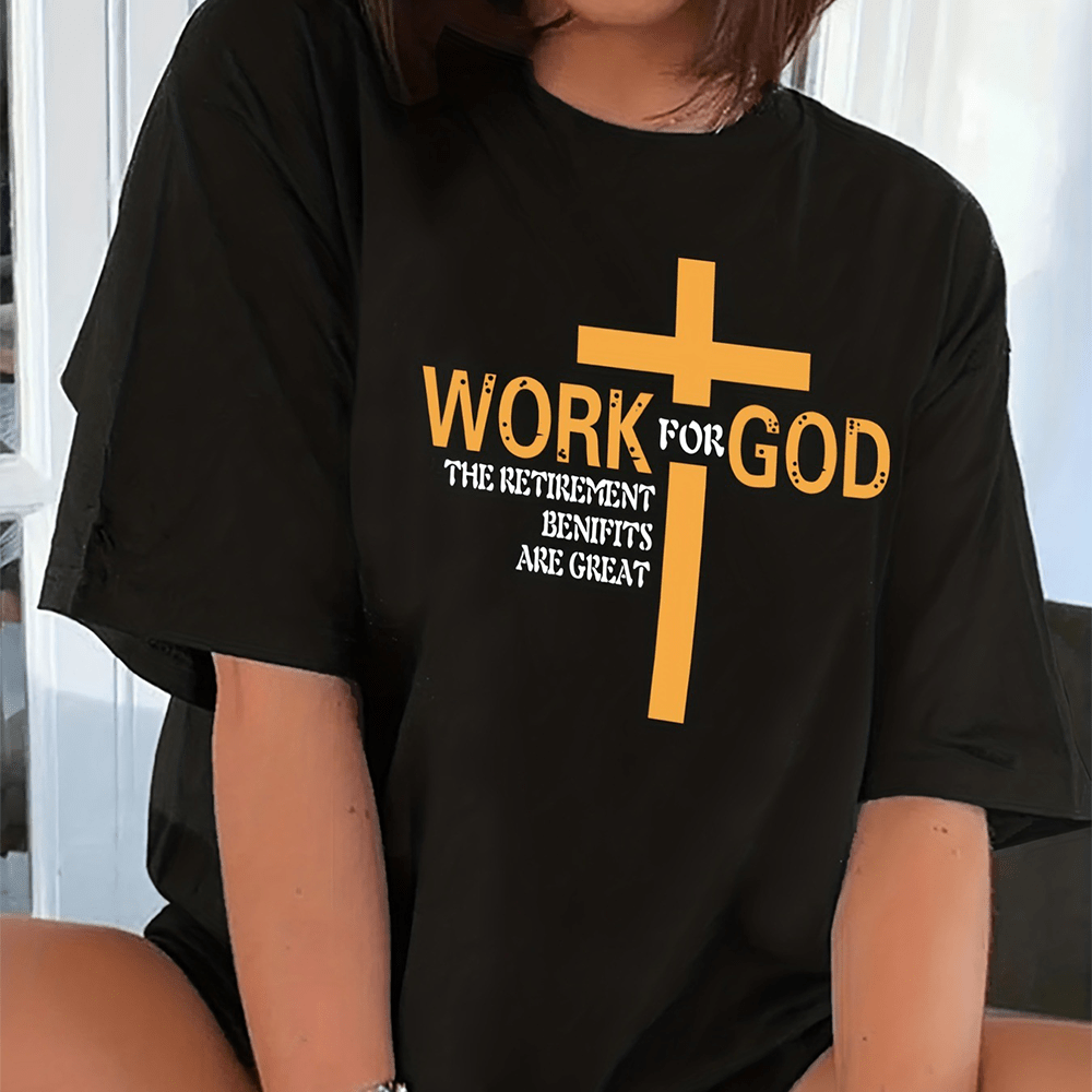 christiandiscipleshop Minimalist Modern Style WORK FOR GOD Cross Short Sleeve Washed T-shirt