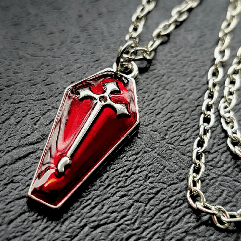 Christiandiscipleshop Gothic Style Red Enamel Halloween Vampire Coffin Cross Necklace