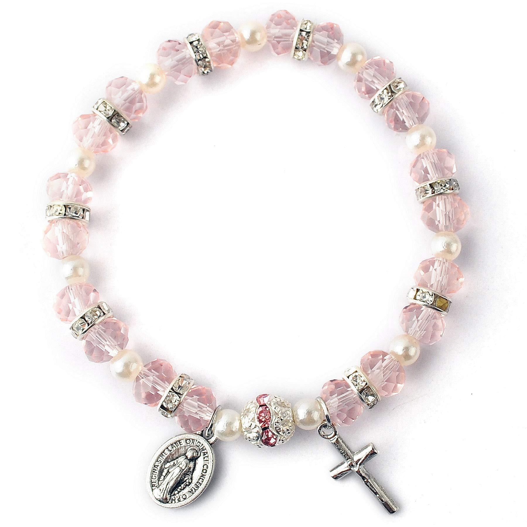 Christiandiscipleshop Crystal Beads Stretch Bracelet with Crucifix and Miraculous Medal